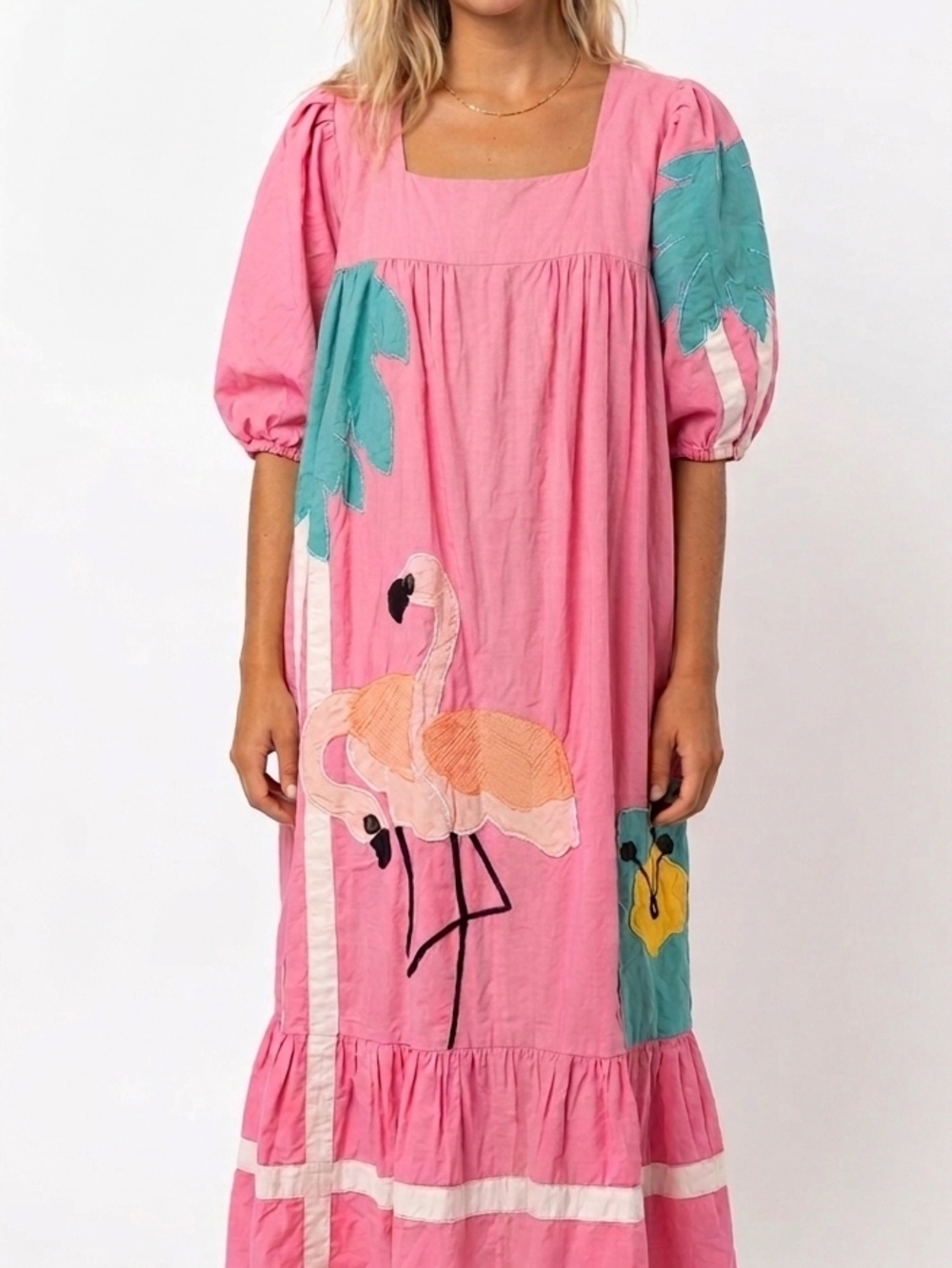 Ramono Rull Vintage Pink Flamingo Tent MuMu Dress with Teal Palm Appliqué Small